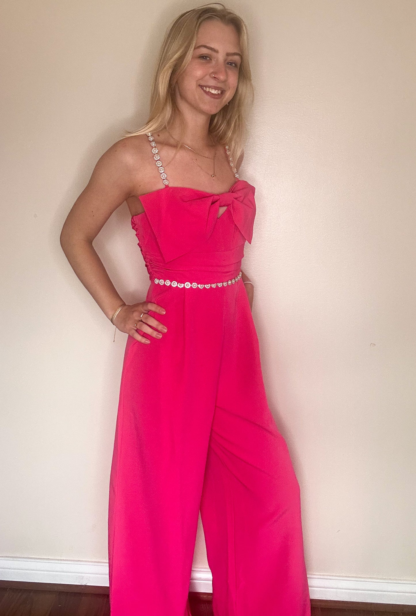 Pearl Bow tie Fuchsia Jumpsuit